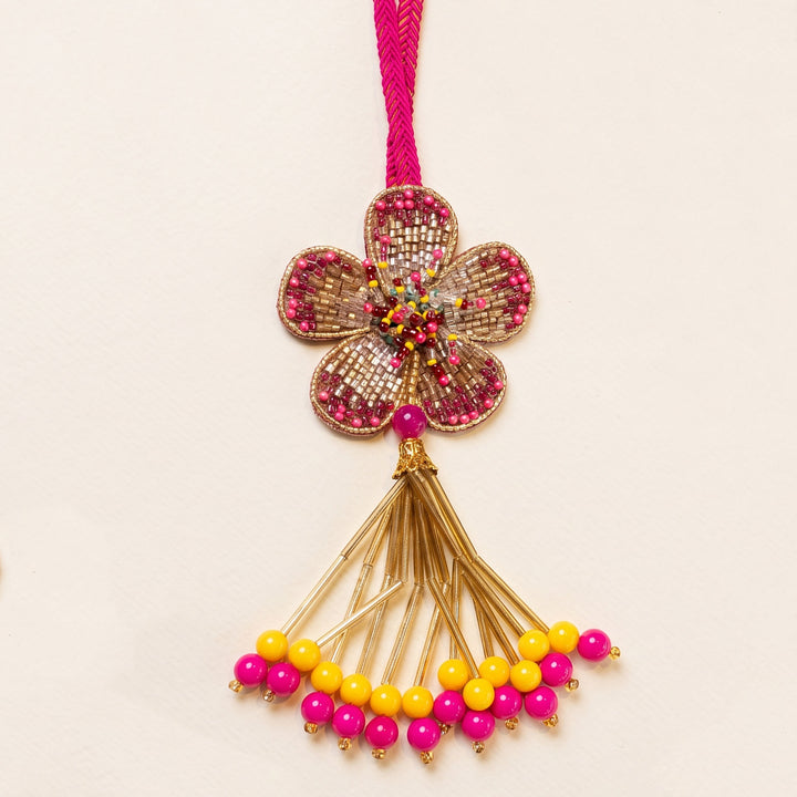Intricate Beadwork Flower Motif Lumba Rakhi With Roli Chawal For Sister/Bhabhi