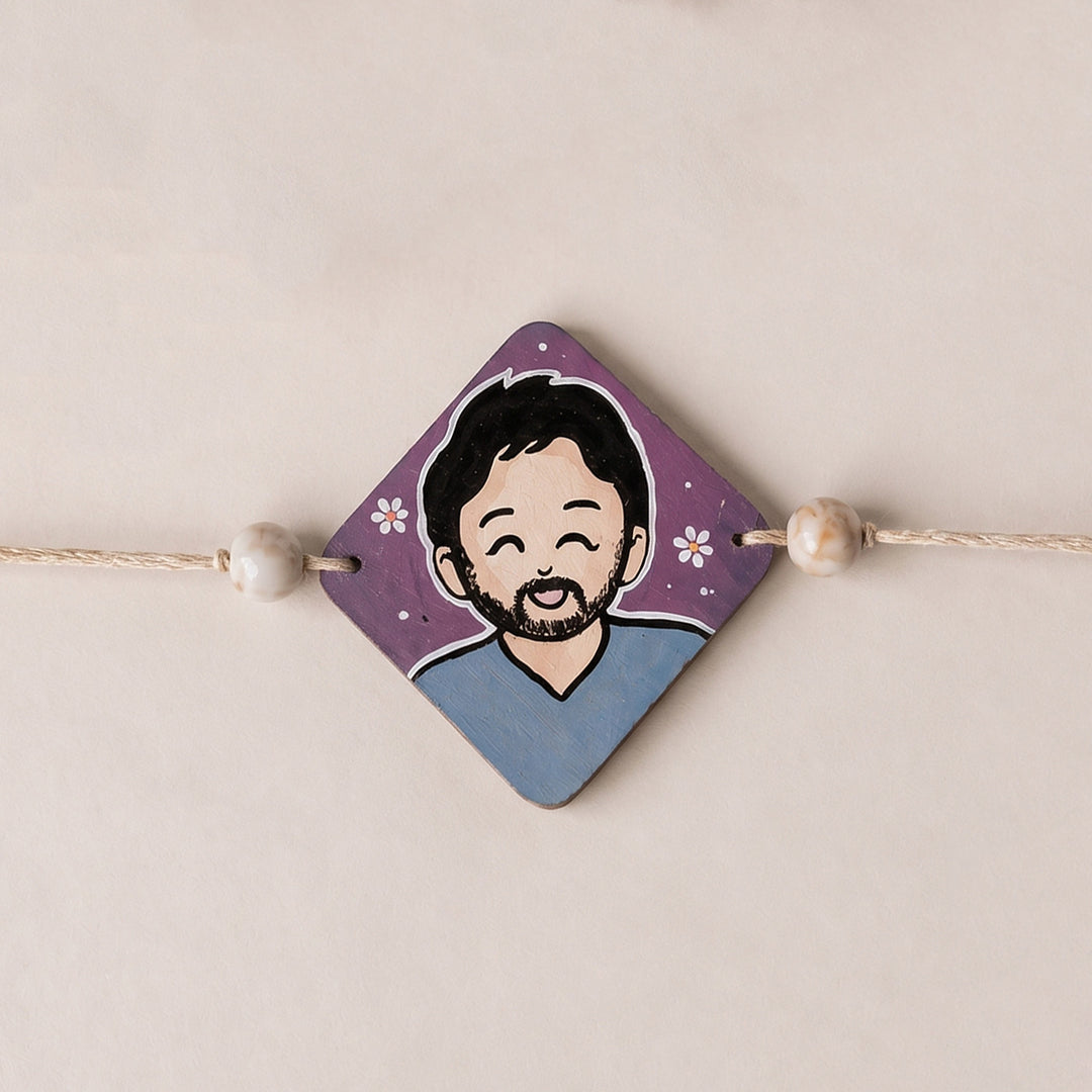 Photo Personalized Handpainted Reusable Caricature Mdf Wood Rakhi With Roli Chawal For Cousin Brother