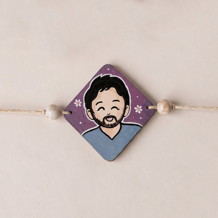 Photo Personalized Handpainted Reusable Caricature Mdf Wood Rakhi With Roli Chawal For Cousin Brother