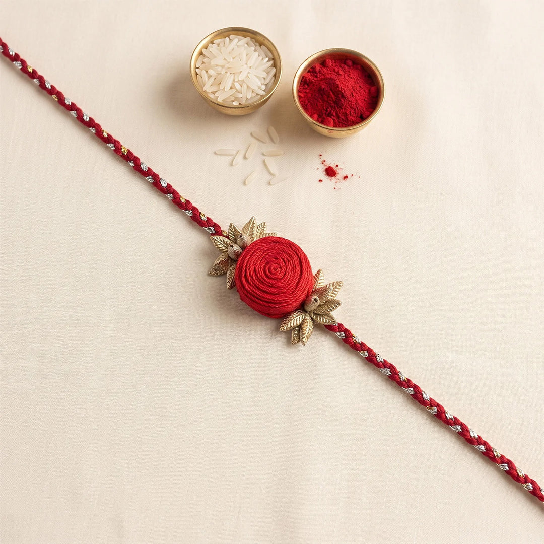 Handmade Rose Bloom Silk Fabric Rakhi For Brother With Roli Chawal