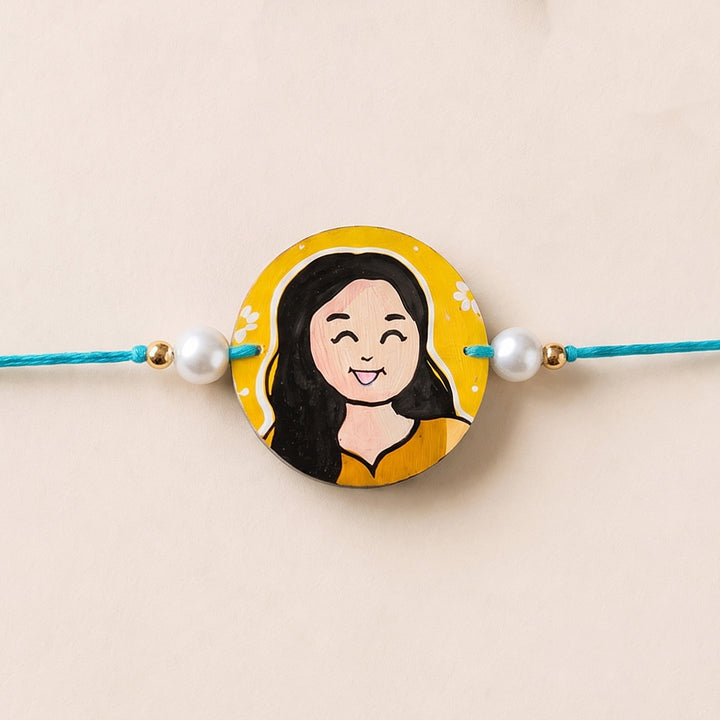 Photo Personalized Handpainted Reusable Caricature Mdf Wood Rakhi With Roli Chawal For Sister