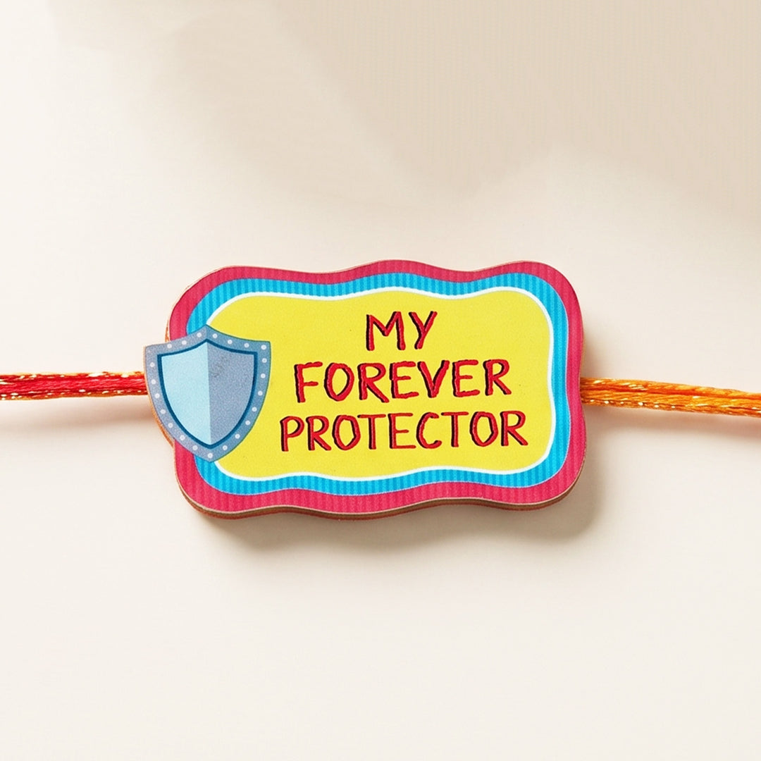 Glossy Printed Wooden 'Forever Protector' Rakhi With Kumkum Rice For Brother