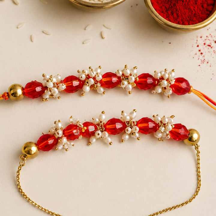 Hand-Knotted Red Beaded Rakhi & Lumba Set For Bhaiya Bhabhi | Set of 2