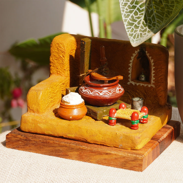 "Bilone Ka Makkhan" Handcrafted Polymer Clay Miniature Artwork With Wooden Base For Golu & Table Decor