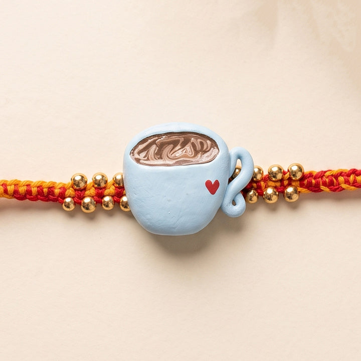 Handmade Chai Cup Charm Polymer Clay Rakhi With Roli Chawal For Brother