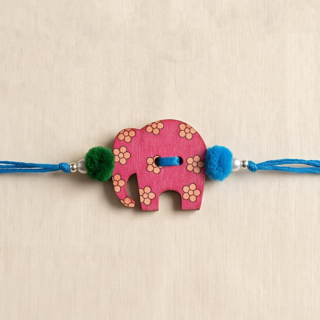 Gaju Elephant Handcrafted Wooden Kids Rakhi With Roli Chawal For Brother