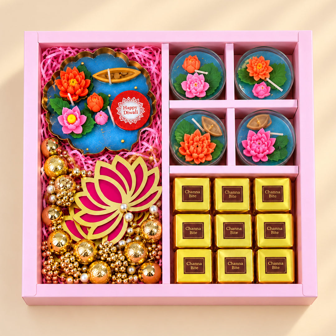 Shubh Labh Lakshmi Lotus Blessings Urli Candle, Tealight & Mithai Diwali Gift Hamper