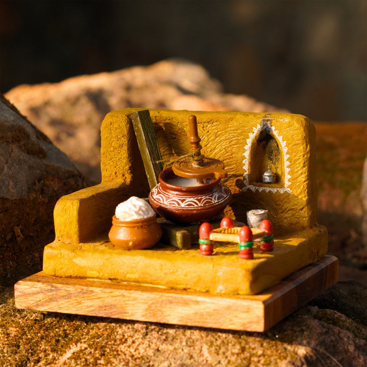 "Bilone Ka Makkhan" Handcrafted Polymer Clay Miniature Artwork With Wooden Base For Golu & Table Decor