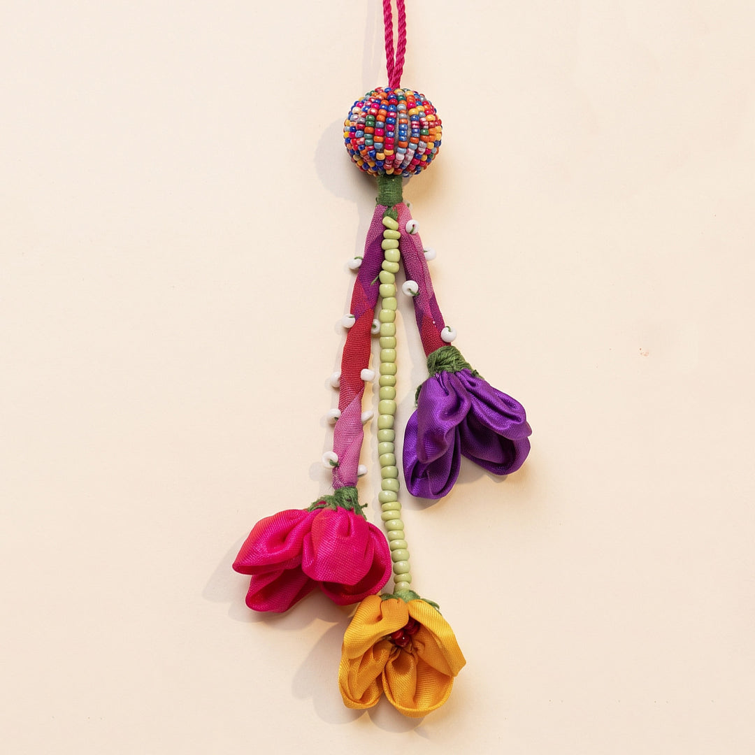 Multicoloured Fabric Flower Lumba Rakhi With Roli Chawal For Sister/Bhabhi