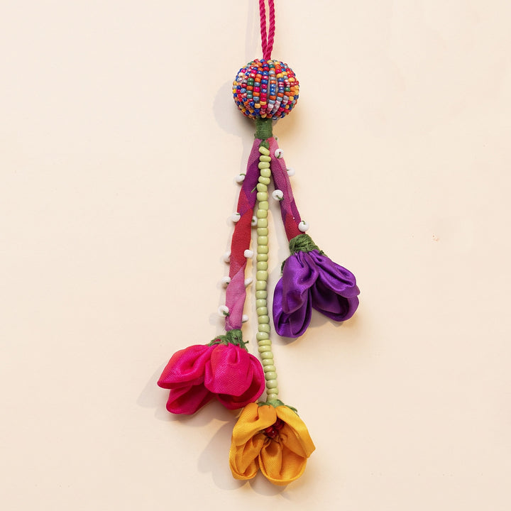 Multicoloured Fabric Flower Lumba Rakhi With Roli Chawal For Sister/Bhabhi