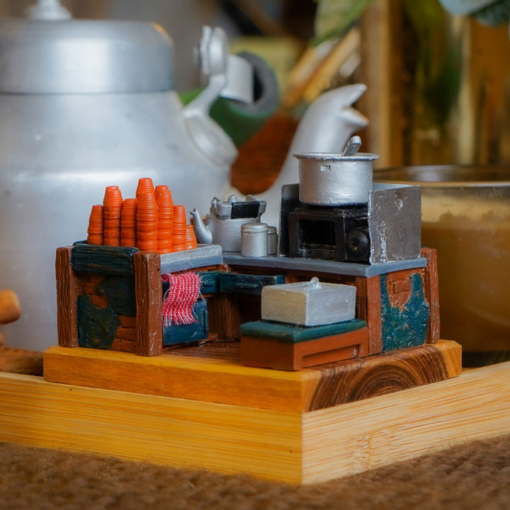 "Chai Ki Tapri" Handcrafted Polymer Clay Miniature Artwork With Wooden Base For Golu & Table Decor