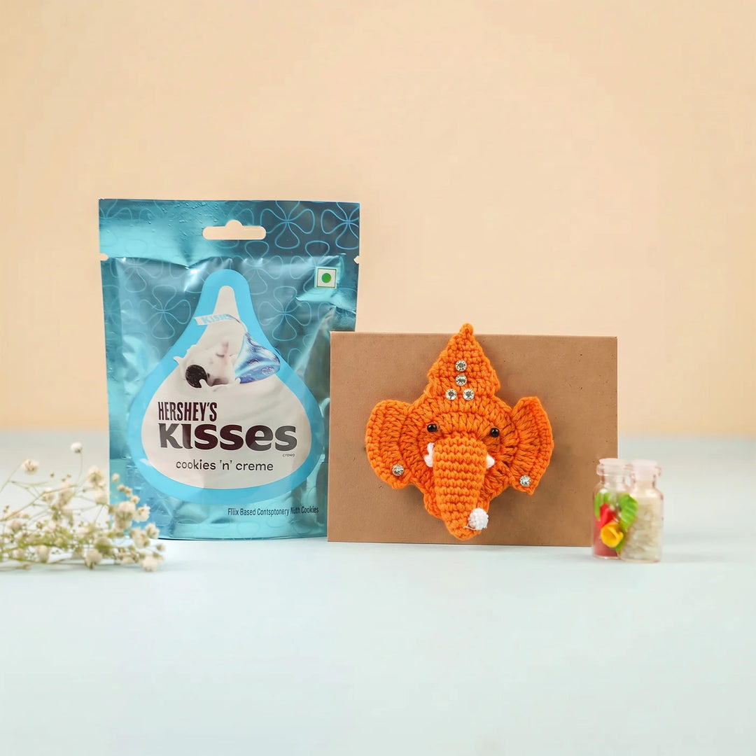 Handmade Crochet Ganpati Bappa Theme Rakhi With Roli Chawal
