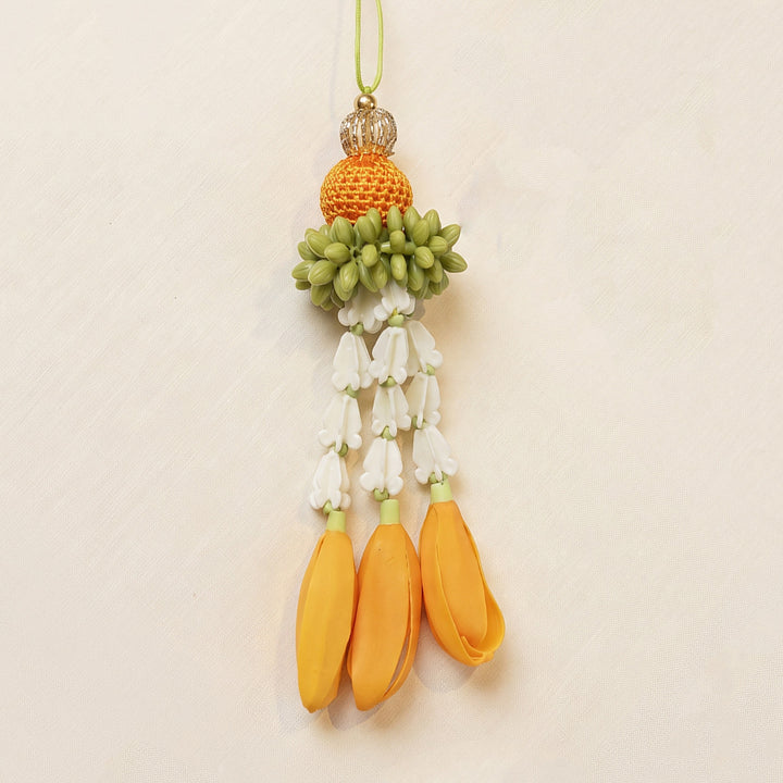 Yellow-White Champa Flower Clay Lumba Rakhi With Roli Chawal For Sister/Bhabhi