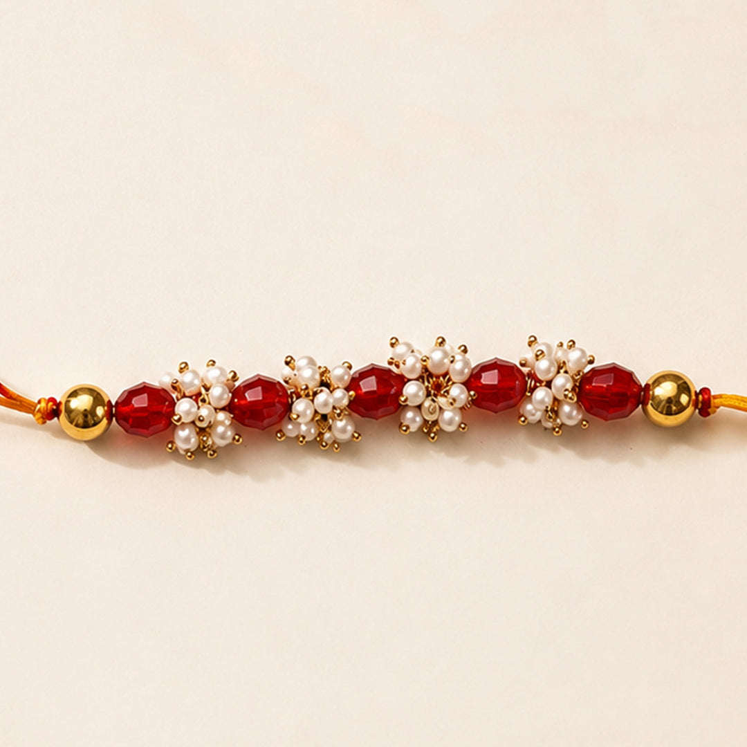 Hand-Knotted Red Beaded Rakhi With Roli Chawal For Brother