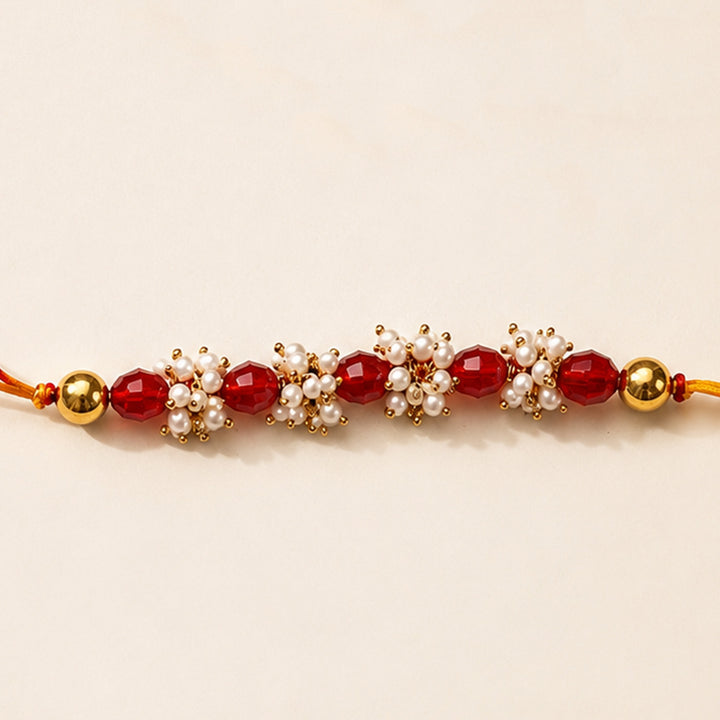 Hand-Knotted Red Beaded Rakhi With Roli Chawal For Brother