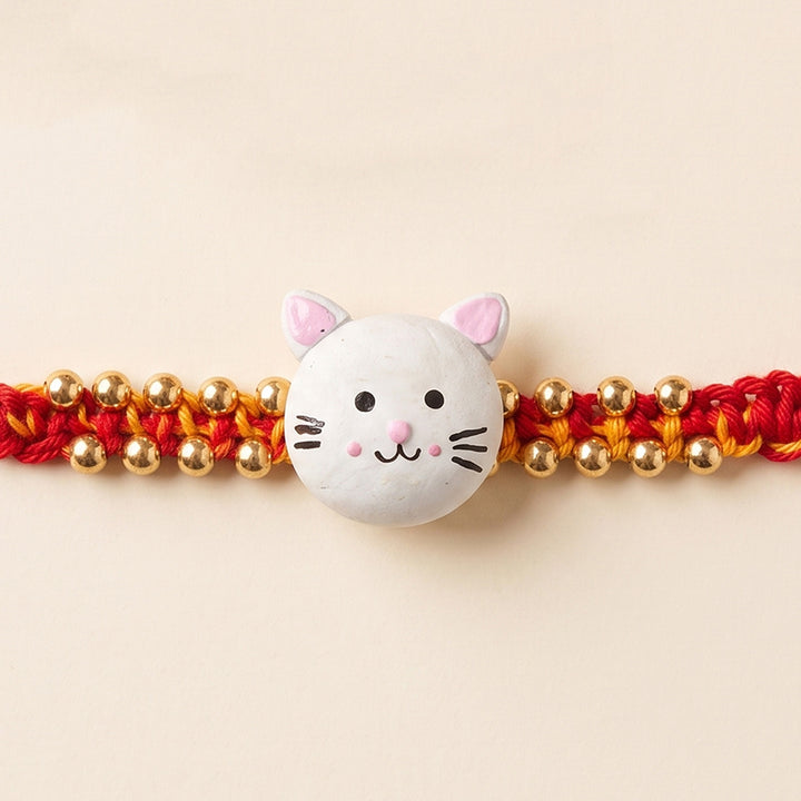 Handmade Cat Charm Polymer Clay Rakhi With Roli Chawal For Kids