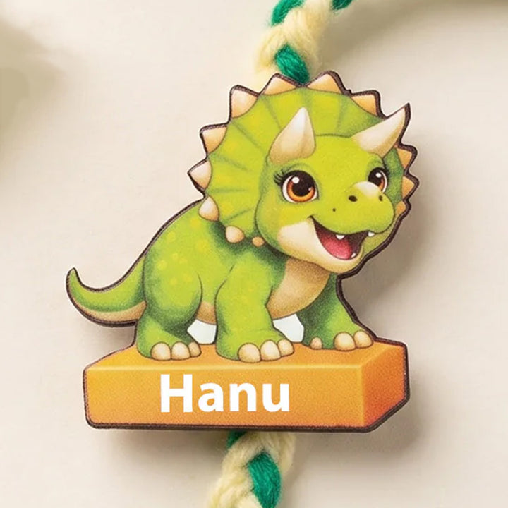 Personalized Reusable Triceratops Dino MDF Wood Rakhi With Roli Chawal