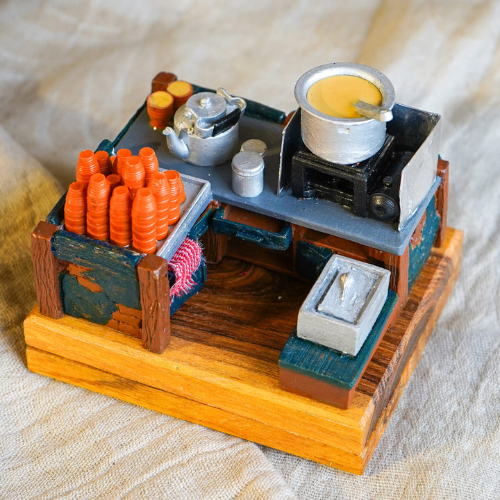 "Chai Ki Tapri" Handcrafted Polymer Clay Miniature Artwork With Wooden Base For Golu & Table Decor