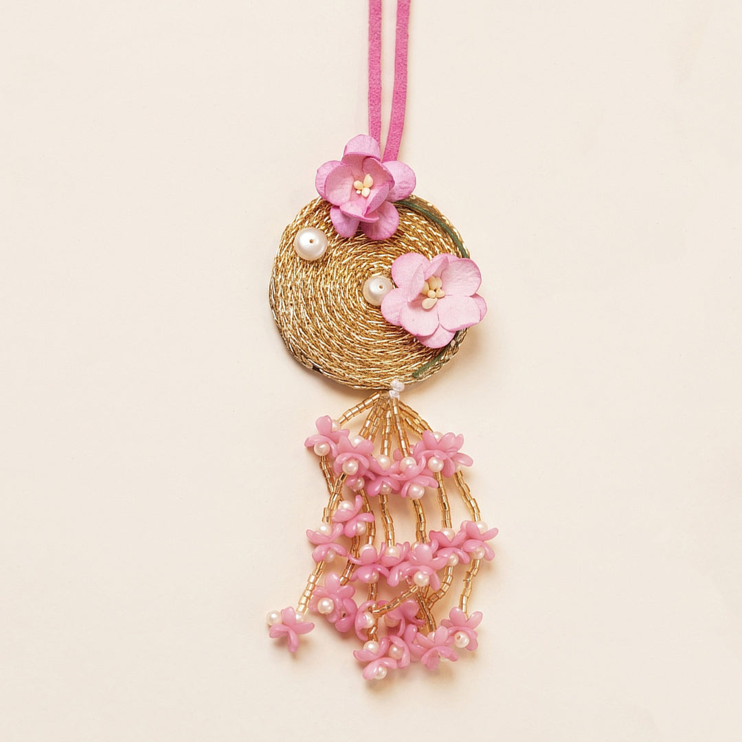 Pink Floral Gold Wirework & Beaded Lumba Rakhi With Roli Chawal For Sister/Bhabhi