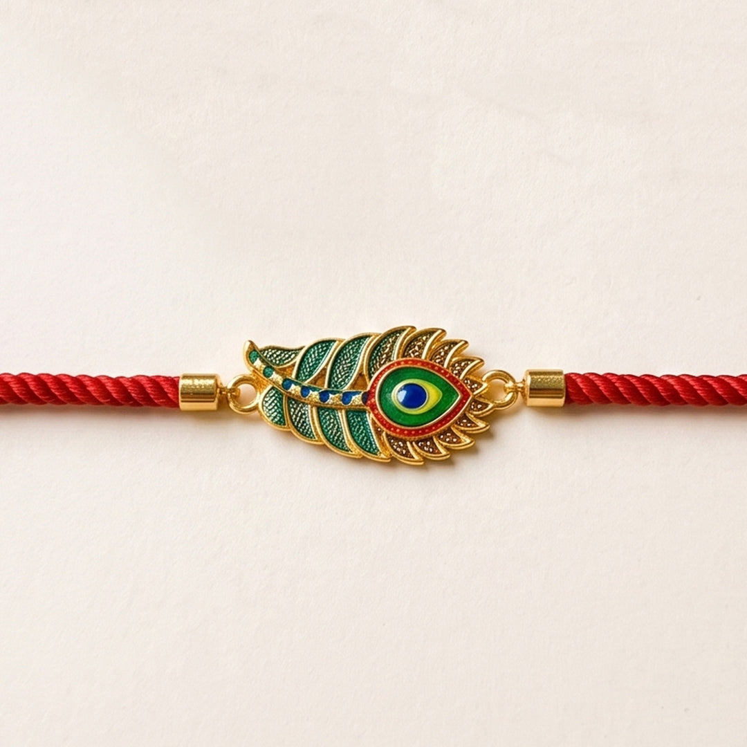 Handmade Mor Pankh Metal & Thread Charm Bracelet Rakhi With Roli Chawal For Brother