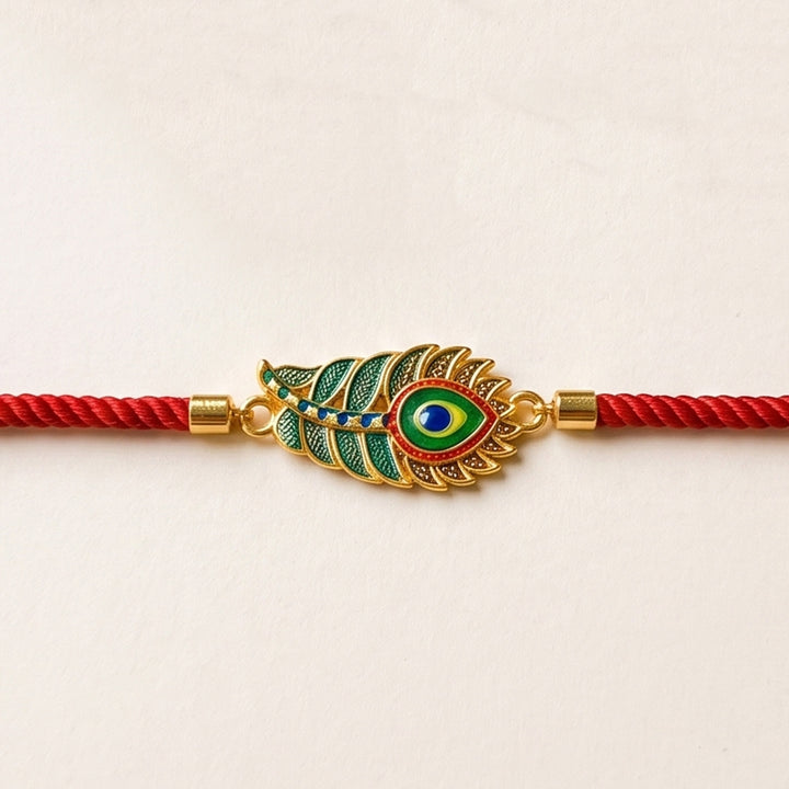 Handmade Mor Pankh Metal & Thread Charm Bracelet Rakhi With Roli Chawal For Brother