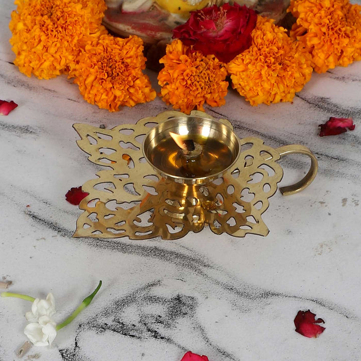 Handmade Leaf Shaped Brass Oil Lamp / Diya