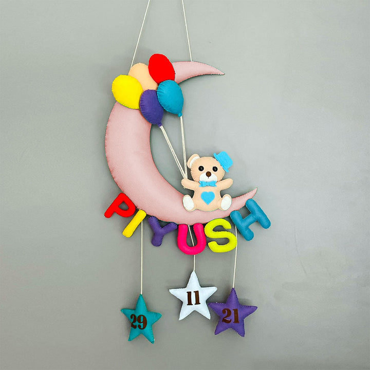 Handmade Teddy on the Moon Kids Felt Name Hanging with Birthdate