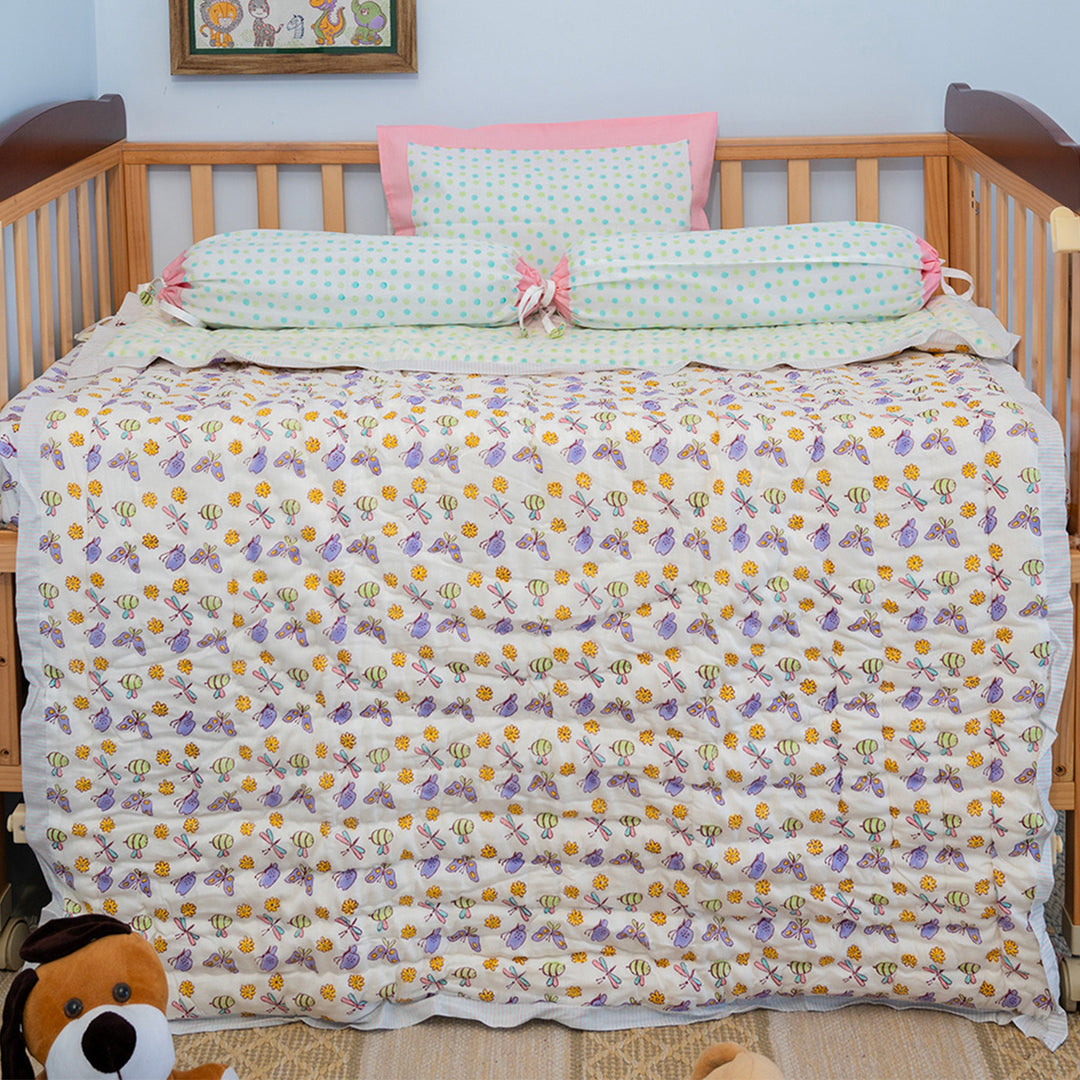 Lilac Butterfly Hand Block Printed Baby Quilt