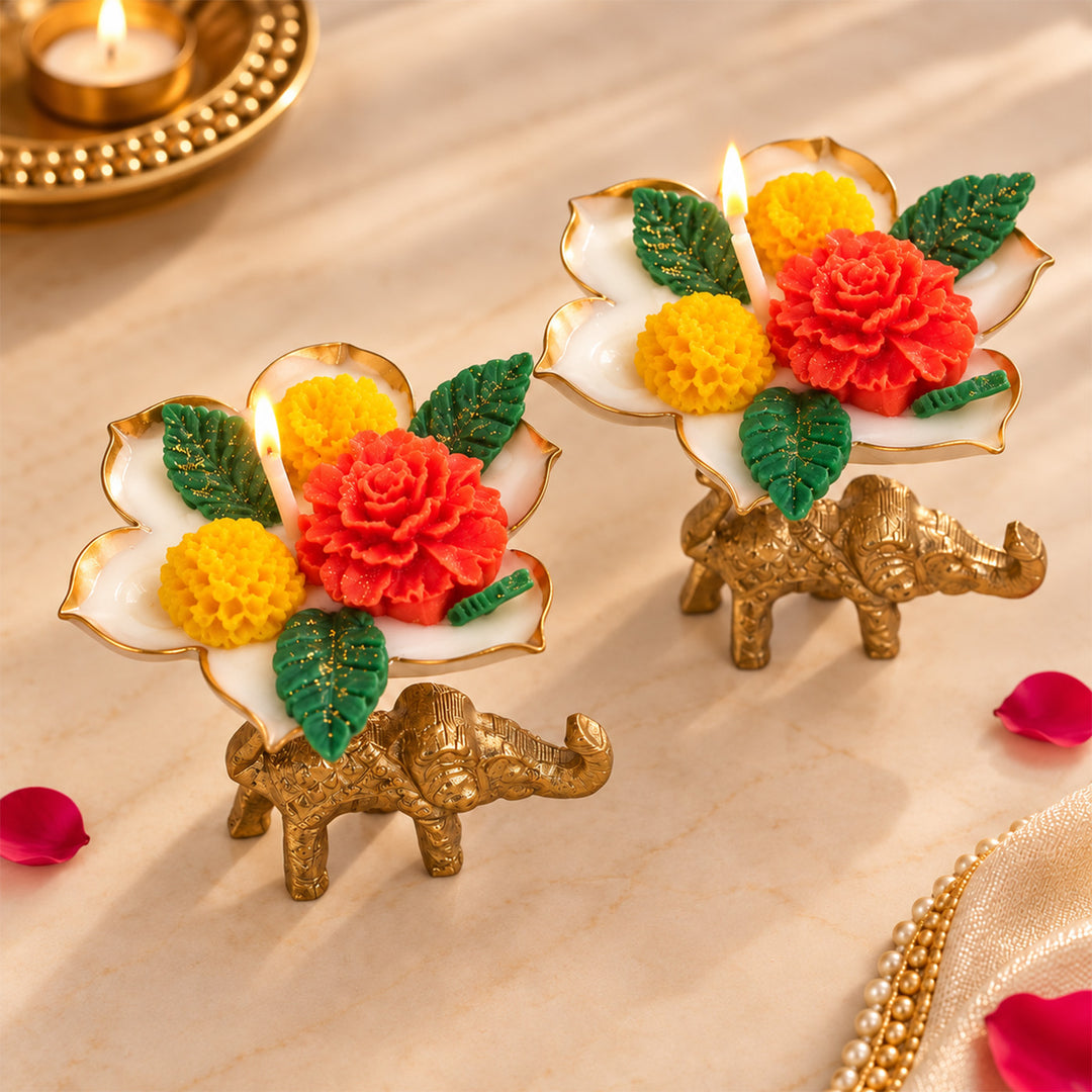 Handcrafted Royal Elephant Bloom Floral Golden Aluminium Mogra Scented Soy Wax Candle