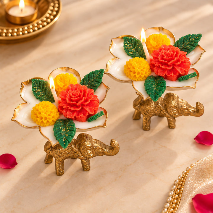 Handcrafted Royal Elephant Bloom Floral Golden Aluminium Mogra Scented Soy Wax Candle