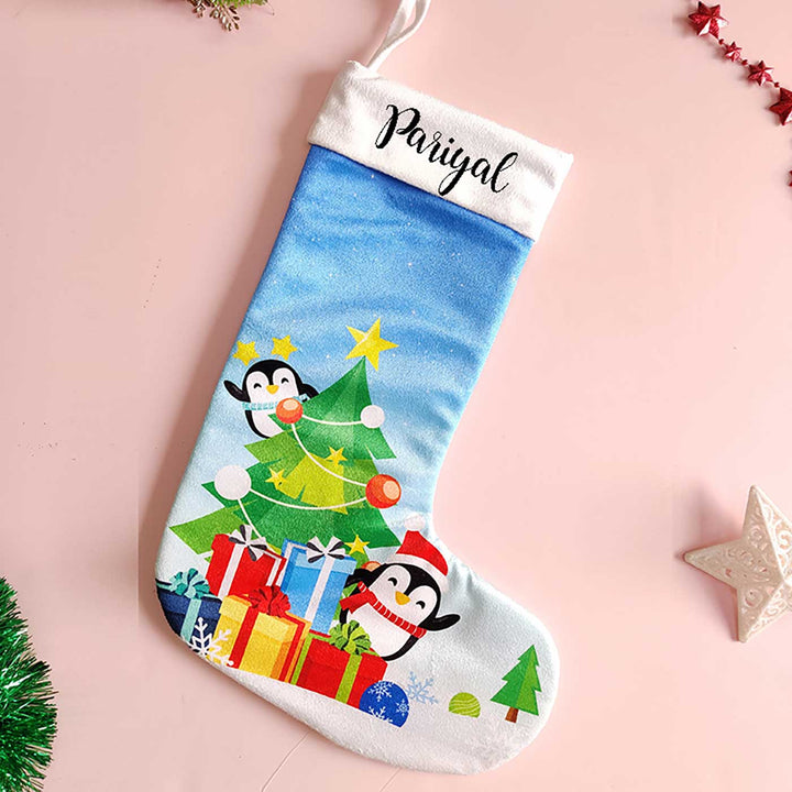 Printed Personalized Penguin Velvet Stocking For Christmas Decoration