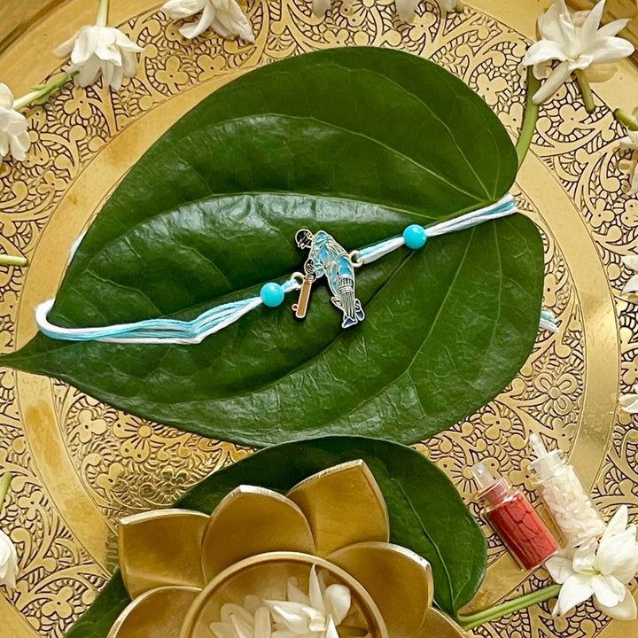 Engraved Little Cricket Champ Enamel Metal Charm Rakhi With Roli Chawal for Brother