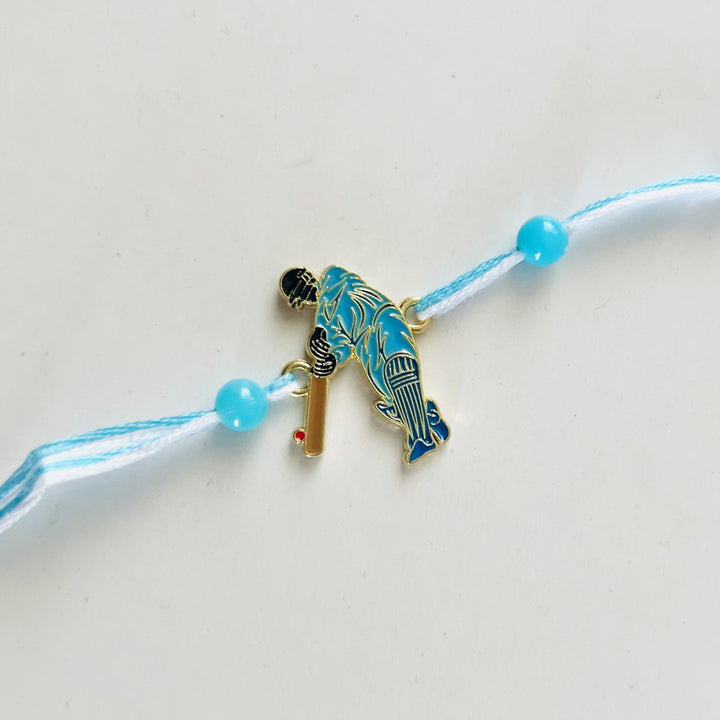 Engraved Little Cricket Champ Enamel Metal Charm Rakhi With Roli Chawal for Brother