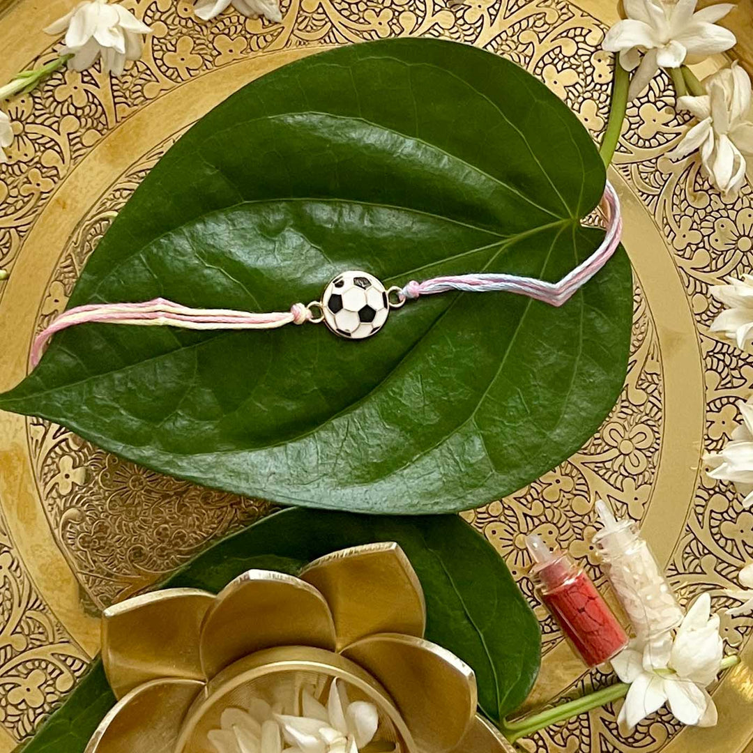 Engraved Little Football Champ Enamel Metal Charm Rakhi With Roli Chawal for Brother