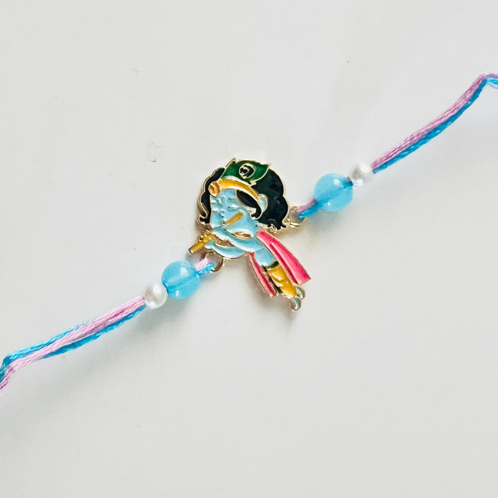 Engraved Little Krishna Enamel Metal Charm Rakhi With Roli Chawal for Brother