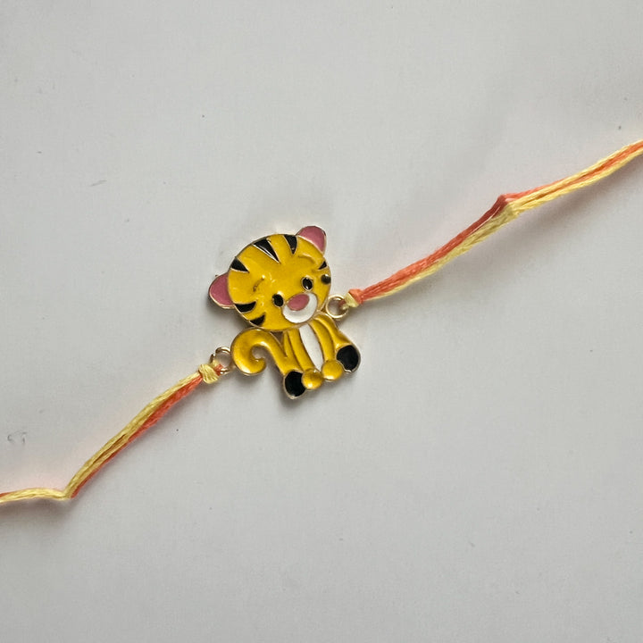 Engraved Little Tiger Enamel Metal Charm Rakhi With Roli Chawal for Brother