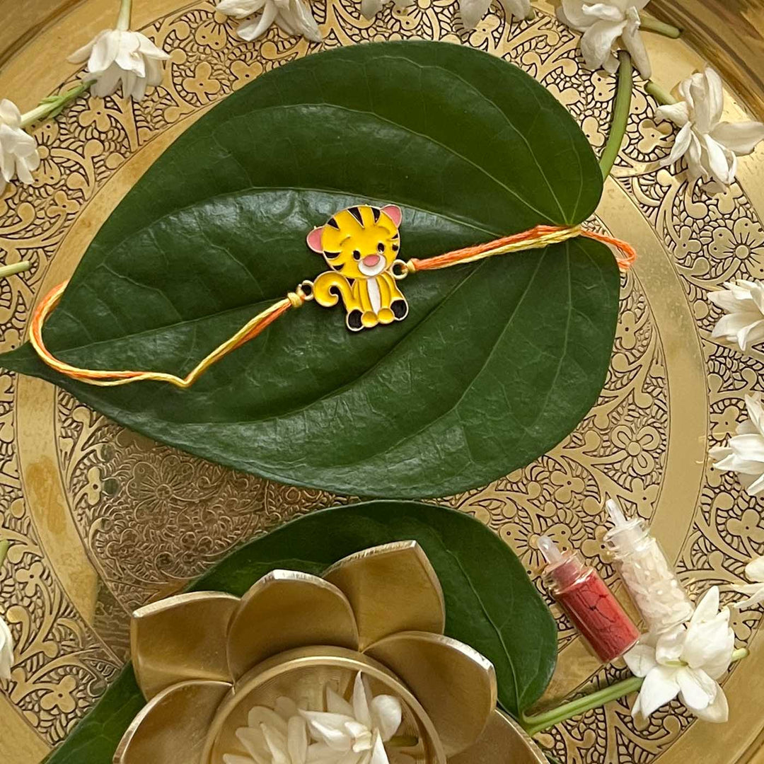 Engraved Little Tiger Enamel Metal Charm Rakhi With Roli Chawal for Brother