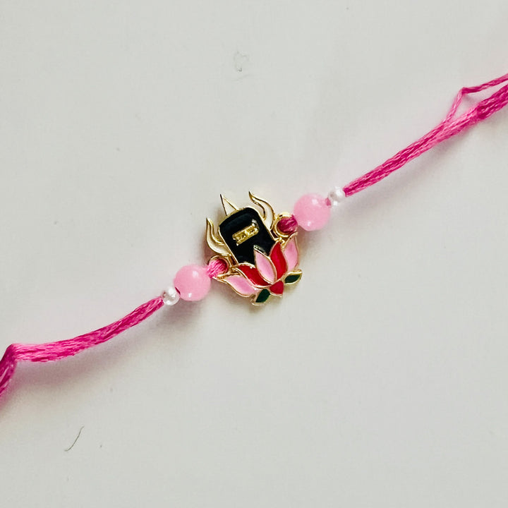 Engraved Lord Shiva Enamel Metal Charm Rakhi With Roli Chawal for Brother