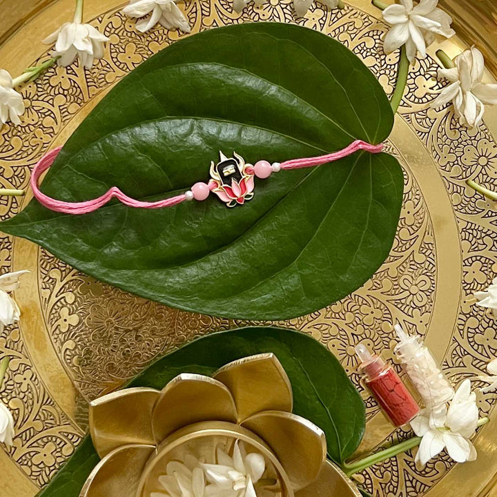 Engraved Lord Shiva Enamel Metal Charm Rakhi With Roli Chawal for Brother