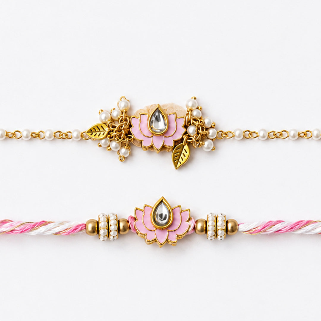 Reusable Lotus & Pearl Couple Rakhi With Roli Chawal For Bhaiya Bhabhi | Set of 2
