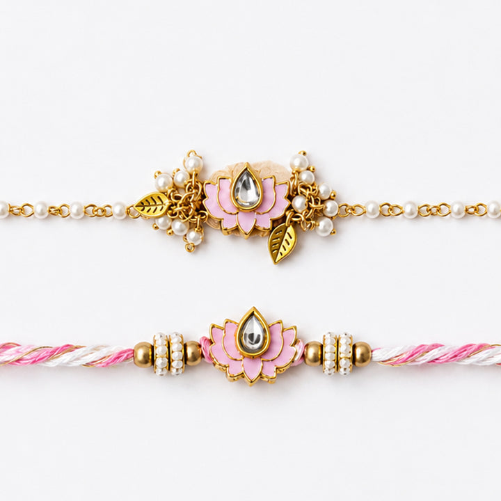 Reusable Lotus & Pearl Couple Rakhi With Roli Chawal For Bhaiya Bhabhi | Set of 2
