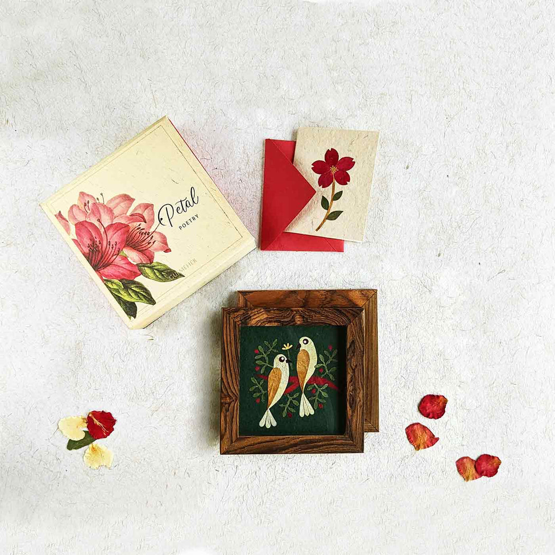 Lovebirds Miniature Paintings Hamper with Delicate Dried Flower Art