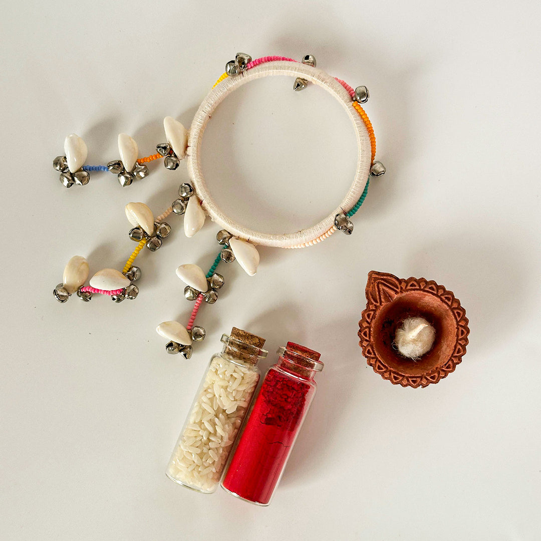 Handmade Beaded White Ghungroo & Shell Cotton Bangle Lumba With Roli Chawal For Bhabhi