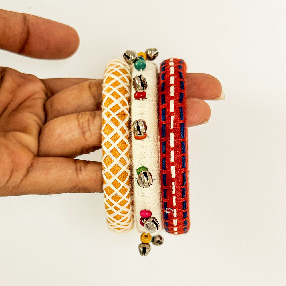 Handmade Beaded Traditional Ghungroo Cotton Bangle Lumba With Roli Chawal For Bhabhi - Side View Showing Thickness and Bells