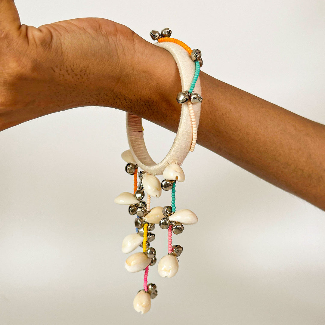 Handmade Beaded White Ghungroo & Shell Cotton Bangle Lumba With Roli Chawal For Bhabhi