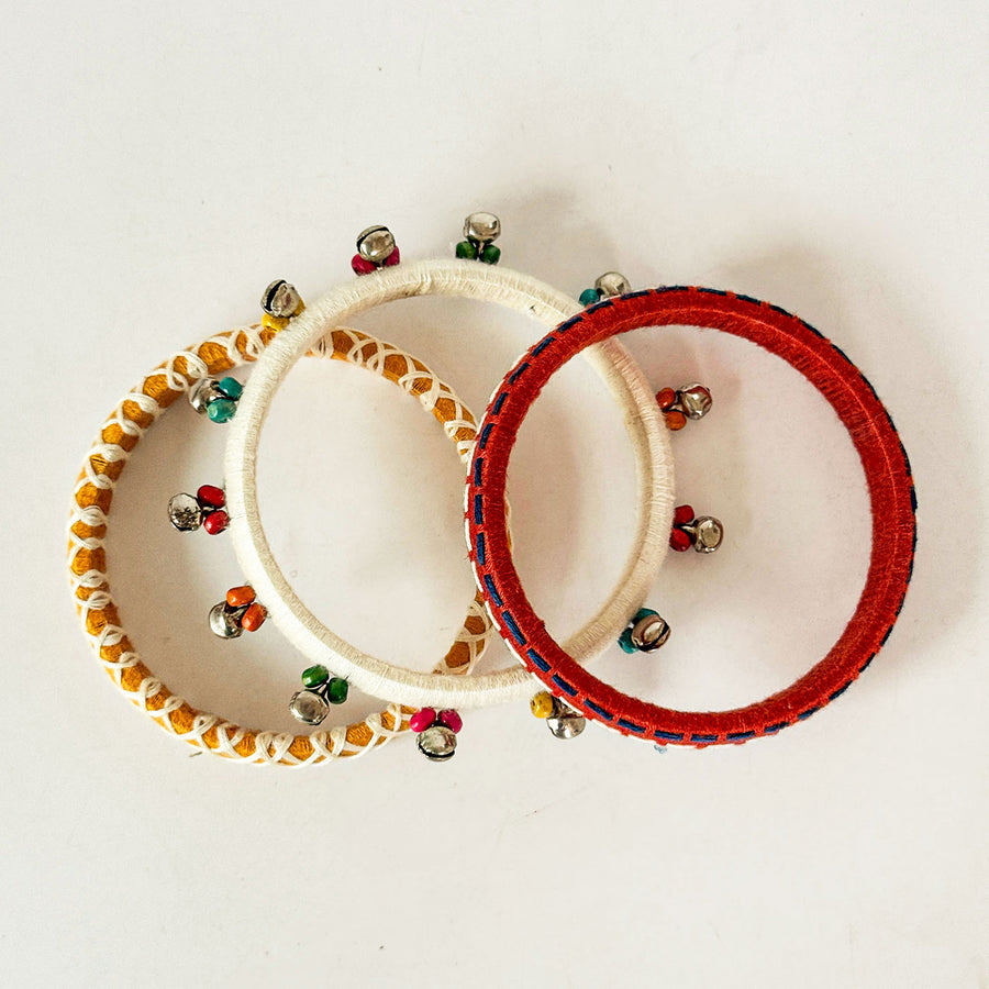 Handmade Beaded Traditional Ghungroo Cotton Bangle Lumba With Roli Chawal For Bhabhi - Top View of Three Bangles