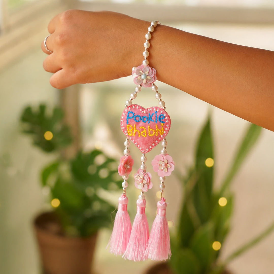 Handmade Beaded Pookie Bhabhi Theme Lumba Rakhi With Roli Chawal For Bhabhi