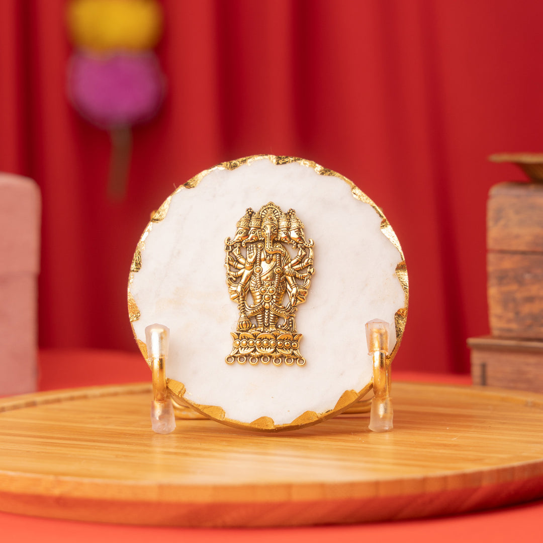 White Marble Gold Leafing Ganesha Showpiece With Metal Stand