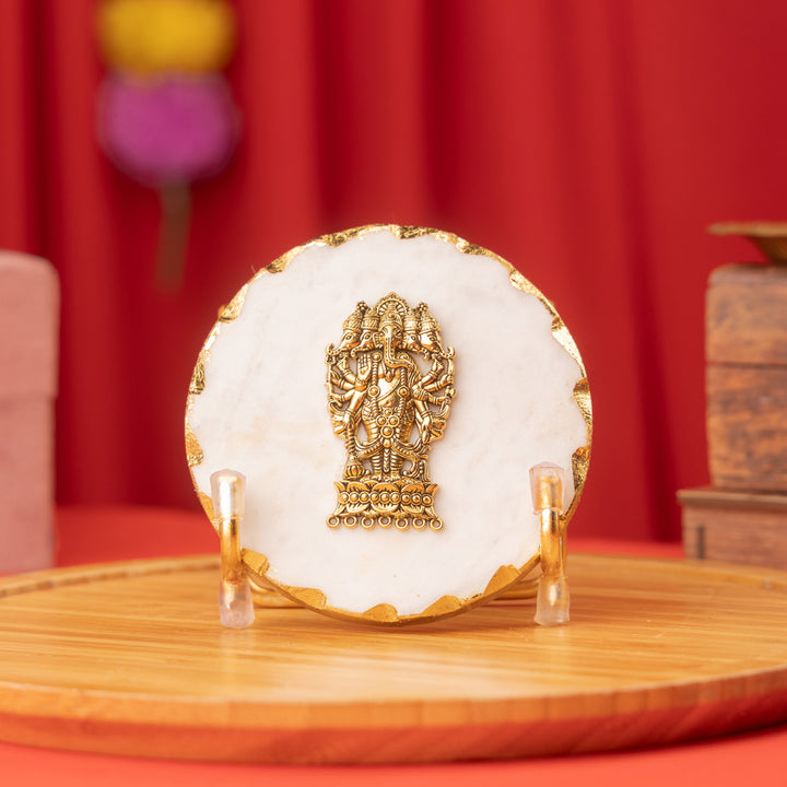 White Marble Gold Leafing Ganesha Showpiece With Metal Stand