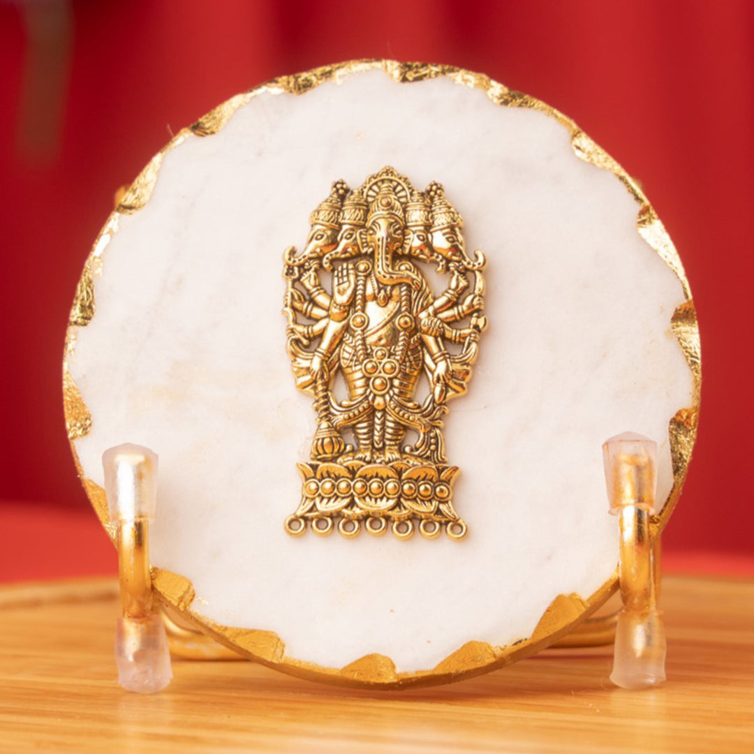 White Marble Gold Leafing Ganesha Showpiece With Metal Stand